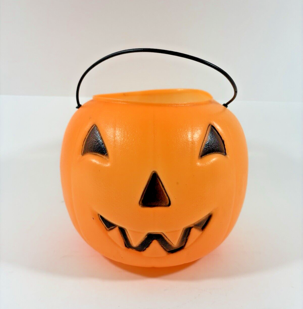 Vintage 7 Orange Plastic Blow Mold Pumpkin Pail Bucket by General Foam USA