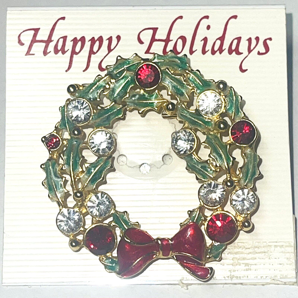 Christmas Wreath  Brooch Pin Signed TC Rhinestone Enamel Gold Red Green Vintage