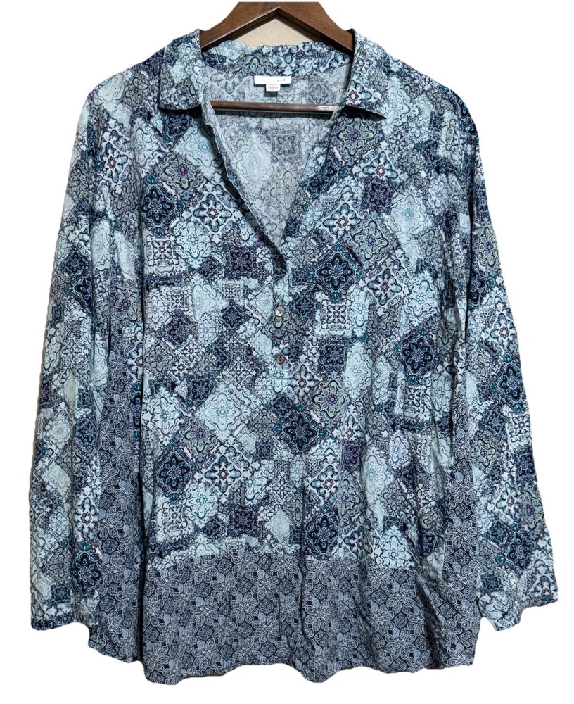 J Jill Blouse Top 3X Blue Floral Print Long Sleeve Lightweight Rayon Peasant EUC