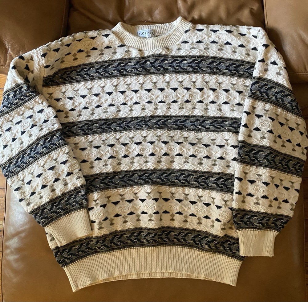 Vintage Izod Cream Cable Knit Crew Neck Pullover Sweater Men’s XL Made In USA