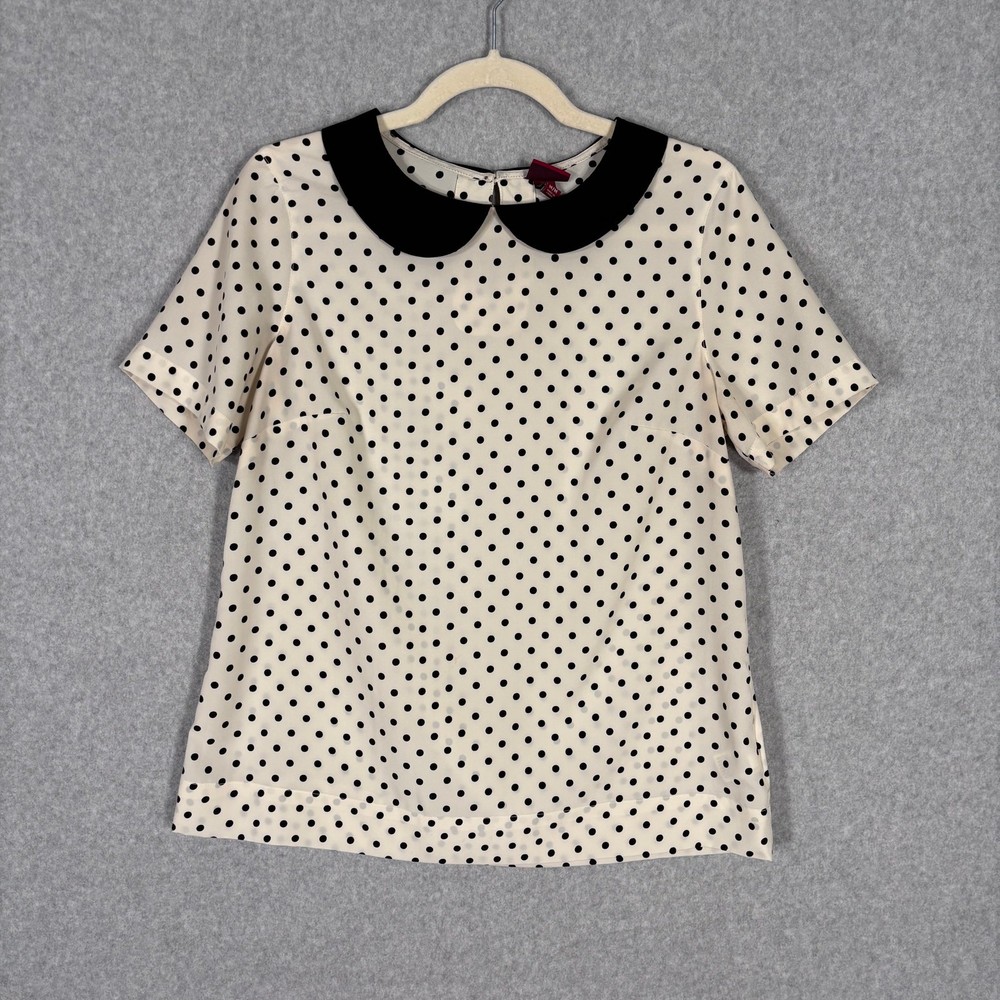 Merona Satin Peter Pan Collar Blouse Medium Cream Polka Dot Retro 50s Feminine
