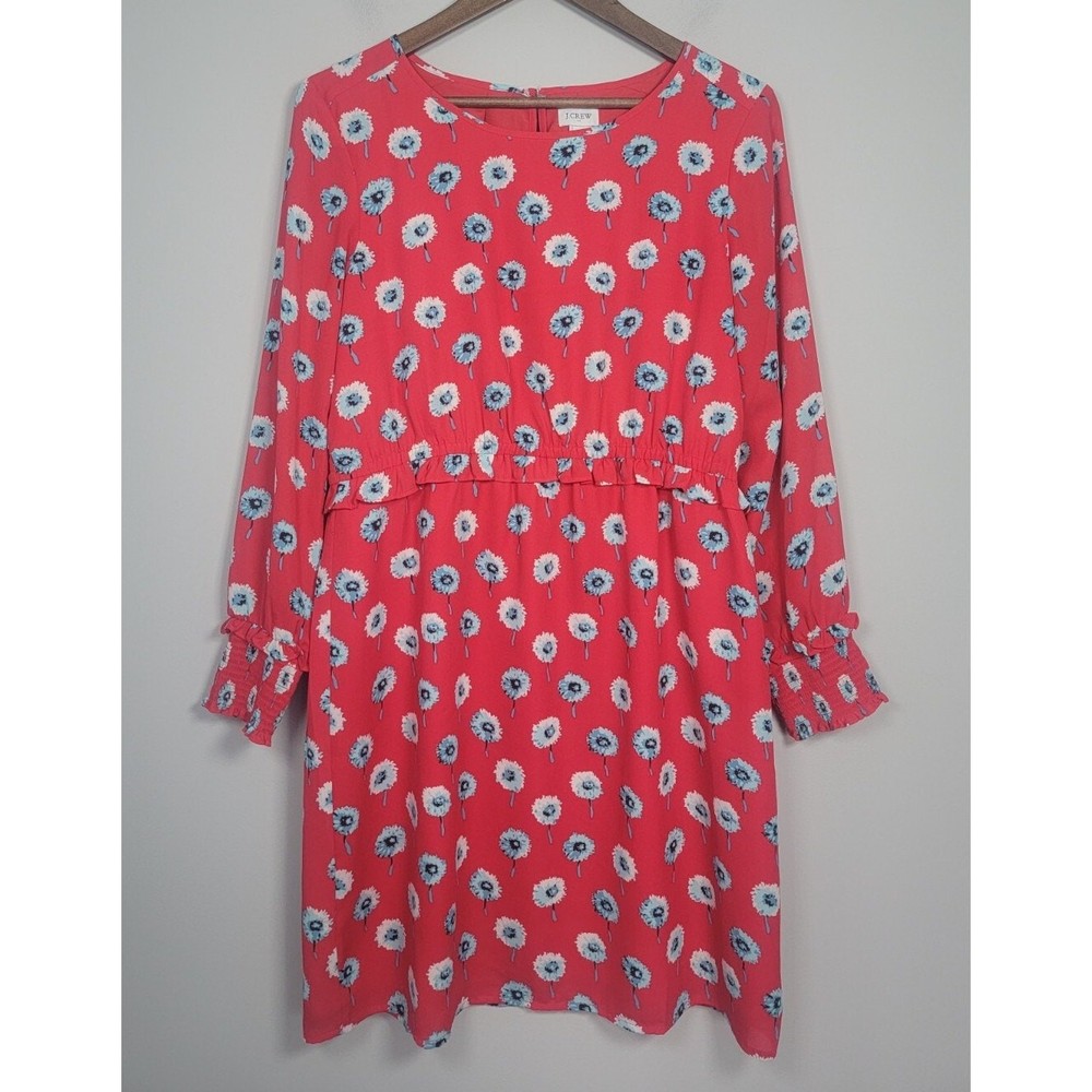 J. Crew Dress 10 Women Floral Long Sleeve Lined A-Line Knee Length Red Blue