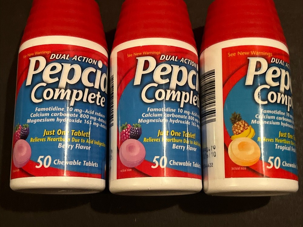 x3 Pepcid Complete Acid Reducer Antacid Chewable 50ct Berry & Trop Fruit 26/27-image