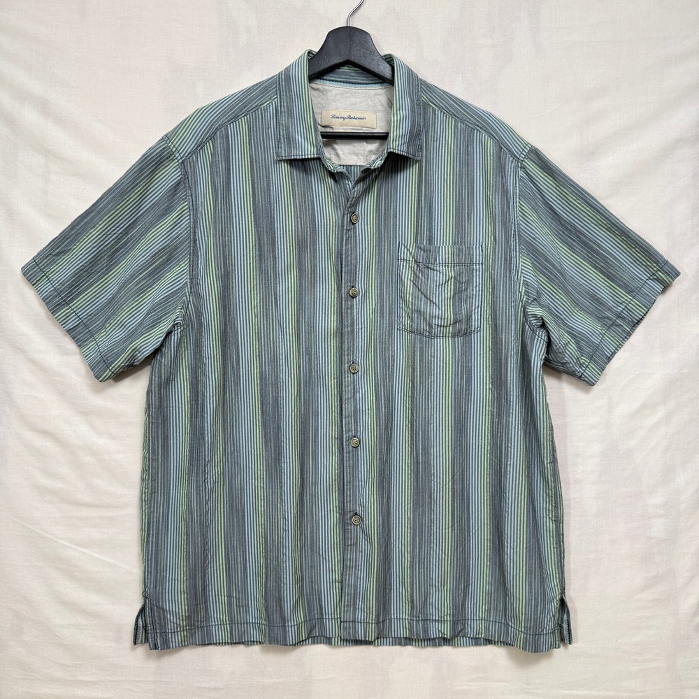 Tommy Bahama Silk Button Down Shirt Mens Large Blue Green Striped Short Sleeve