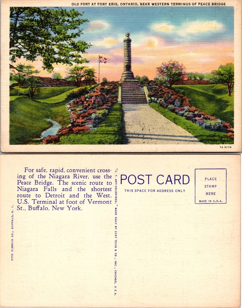 Old Fort Erie Ontario Peace Bridge Monument Flowers Postcard