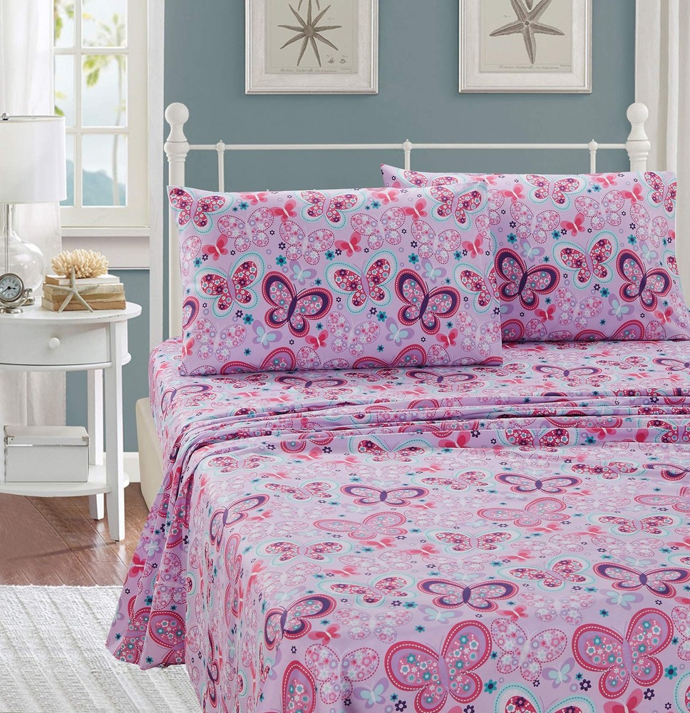 Pink Purple Lavender and Turquoise Blue Girls/Kids/Teens Sheet Set with Butte...