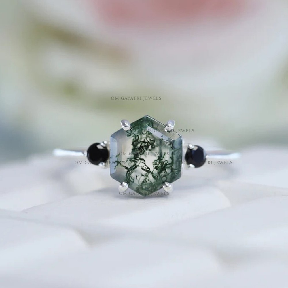 Hexagon Moss Agate & Onyx Ring 925 Sterling Silver Wedding Ring Gift for Her