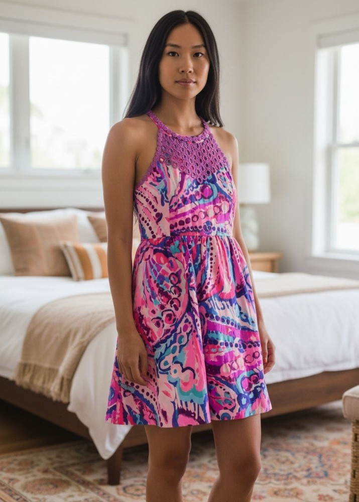 Lilly Pulitzer Girls Kinsley Dress Crochet Halter Colony Coral NWT Size 12