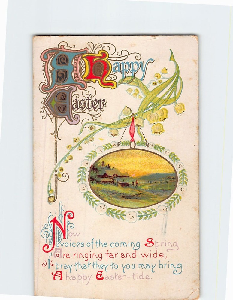 Postcard Embossed Vintage Easter with Lily Valley Design & Spring Landscape