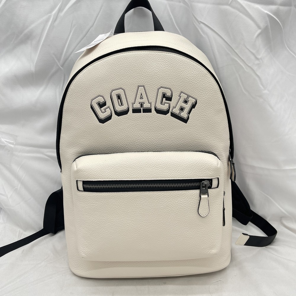 Coach Unisex West Backpack in Pebble Leather with Varsity Motif - CAK14 Chalk Multi