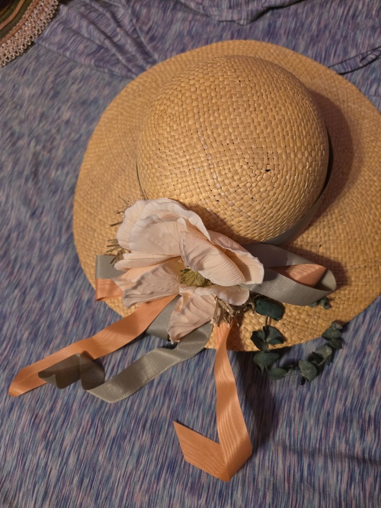 Vintage Straw Hat With Ribbon And Fake Flowers