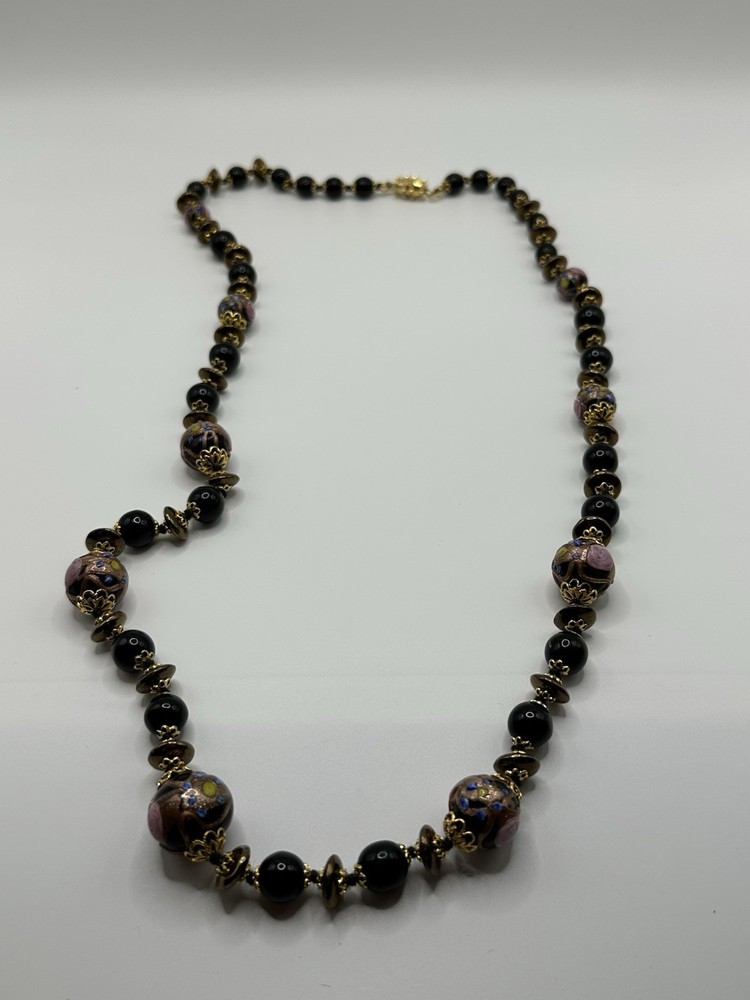 VTG Venetian Murano Black Glass Wedding Cake Hand Knotted Beaded Necklace 30”