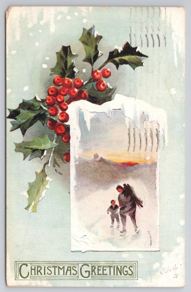 1907 Tuck's Oilette Christmas Greetings Postcard Skaters Holly Philadelphia PM