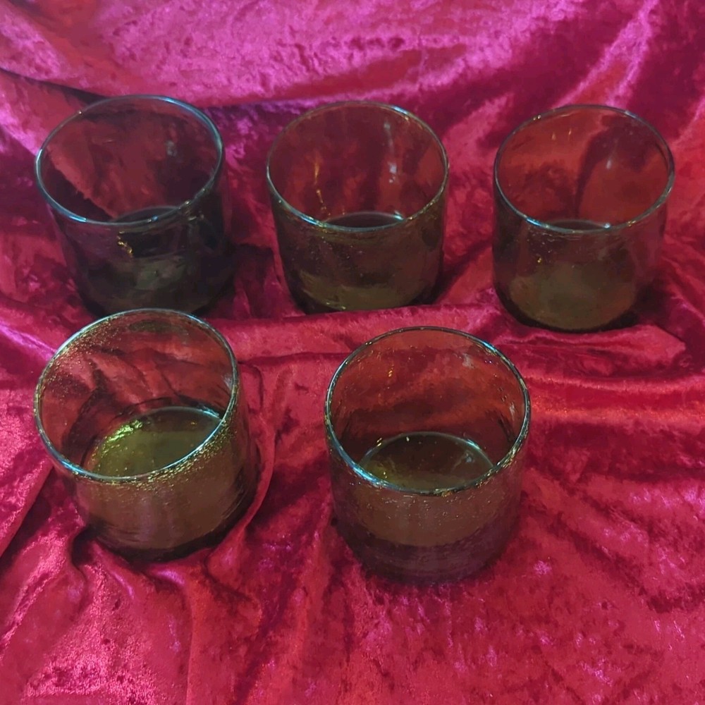 Set of 5 Vintage Amber Textured Glass Lowball/Rocks Tumblers 10 oz Round