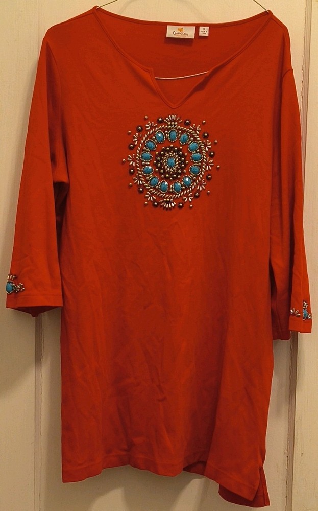 Quacker Factory Beaded Embroidered Knit Tunic in Red V-Neck 3/4 Sleeve Plus 1X