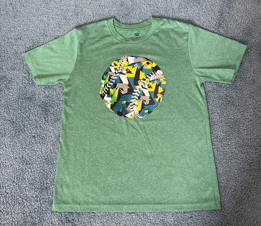 Tek Gear Youth Large Short Sleeve Shirt Green Athletic Dri fit Baseball