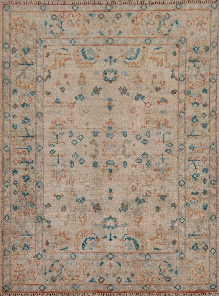 Hand Knotted Oushak Rug Muted Beige Blue Orange Wool Turkish Area Carpet