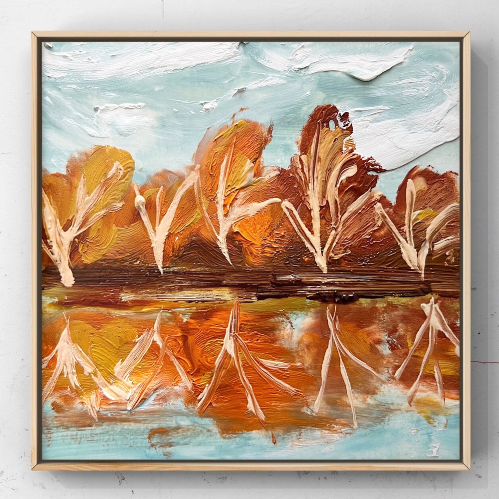 Fall Lake Coastline Oil Painting Autumn Lake Trees Reflections Landscape Artwork