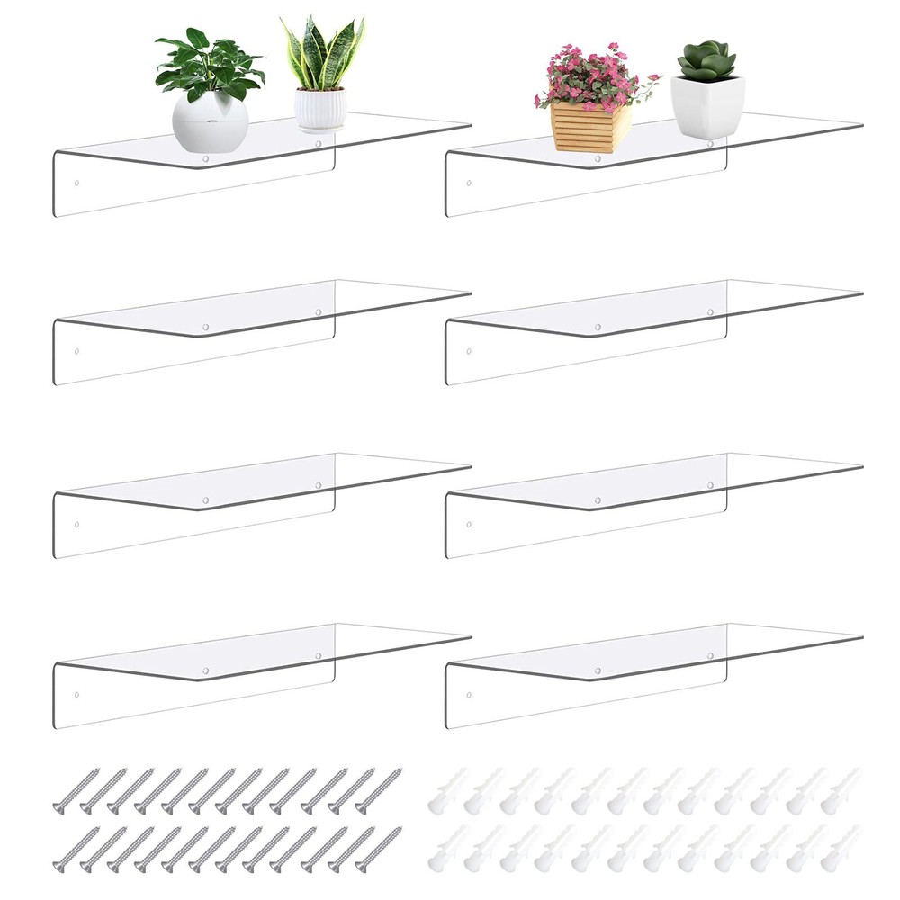 8Pcs Clear Acrylic Shelves 14 Inch Acrylic Floating Shelves Wall Mounted Clear