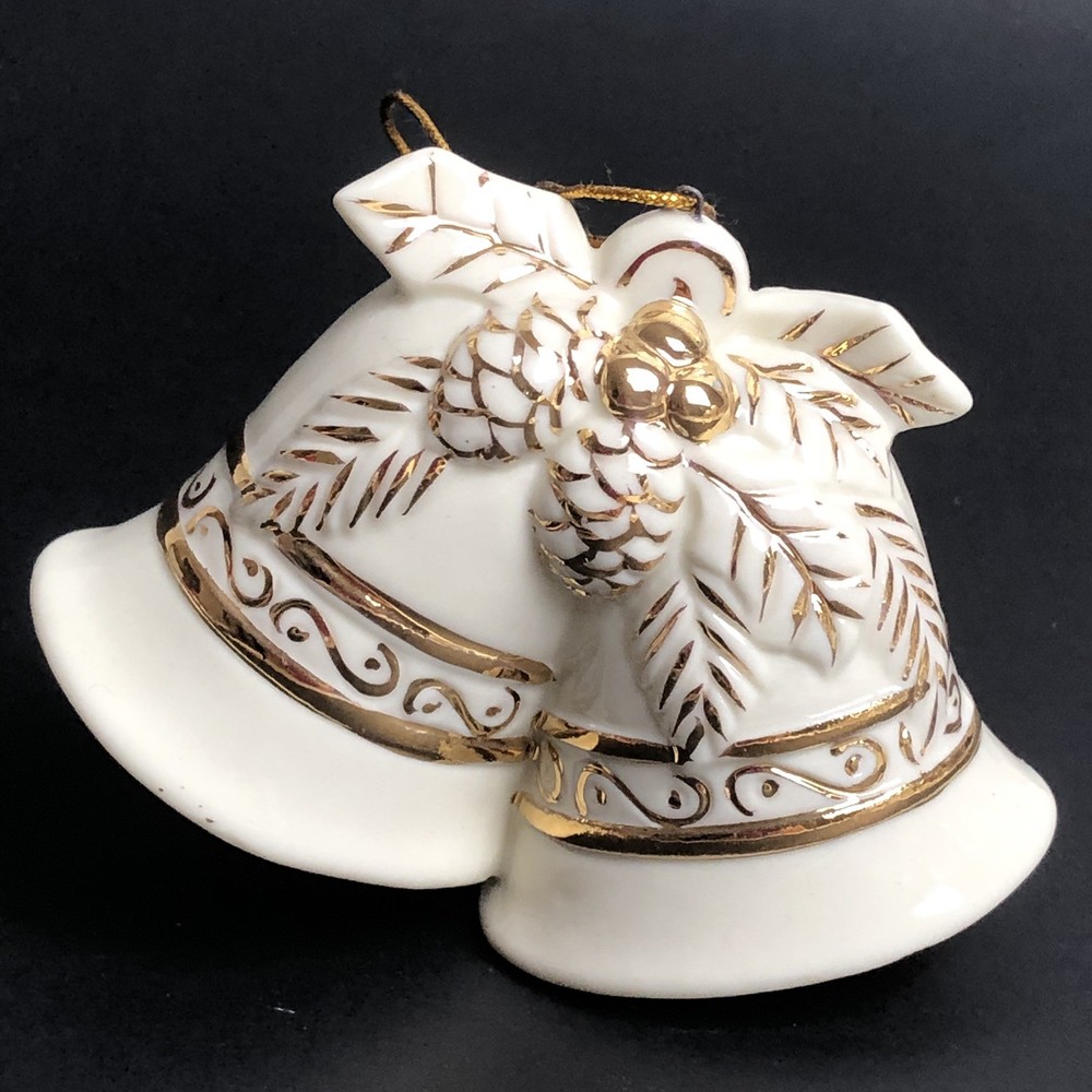 Vintage Ceramic Christmas Bells Ornament with 24K Gold Accent Retro Victorian USA-image