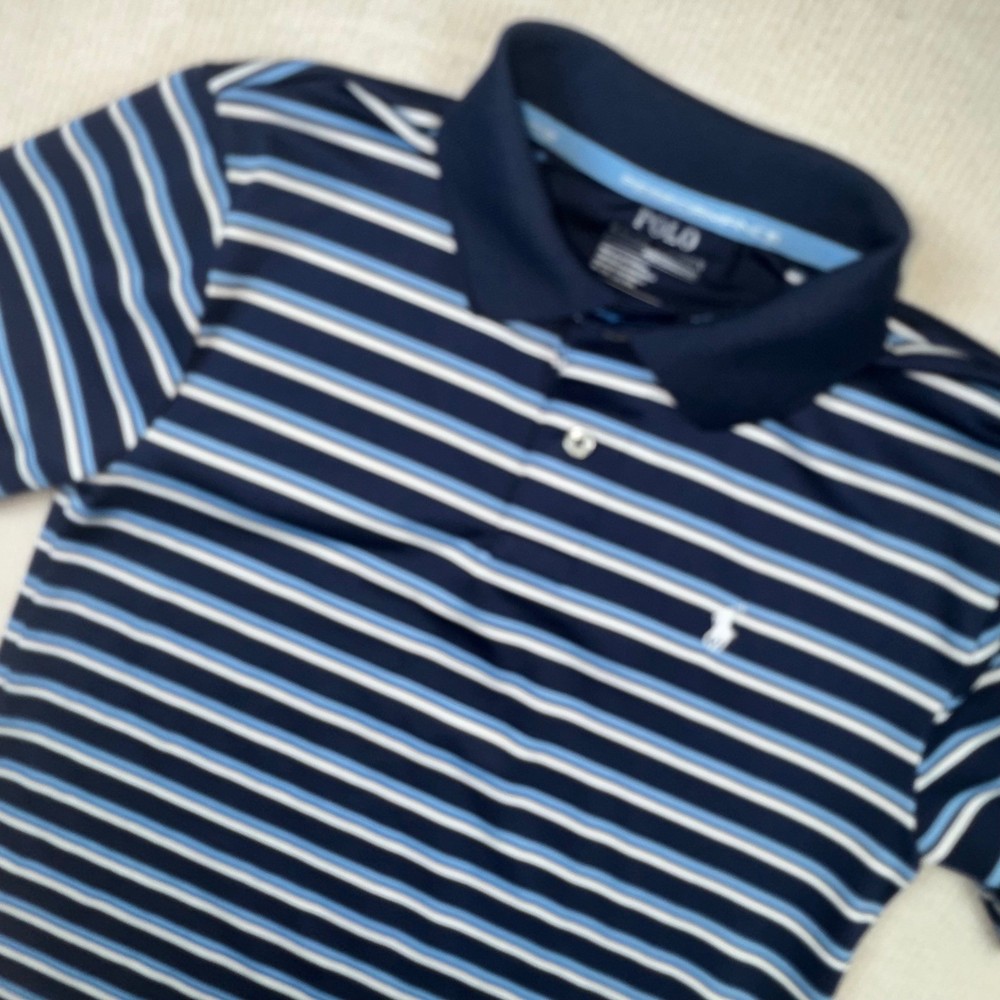 Polo Ralph Lauren Polo Shirt Boys M 10-12 Navy Striped Performance Short Slv