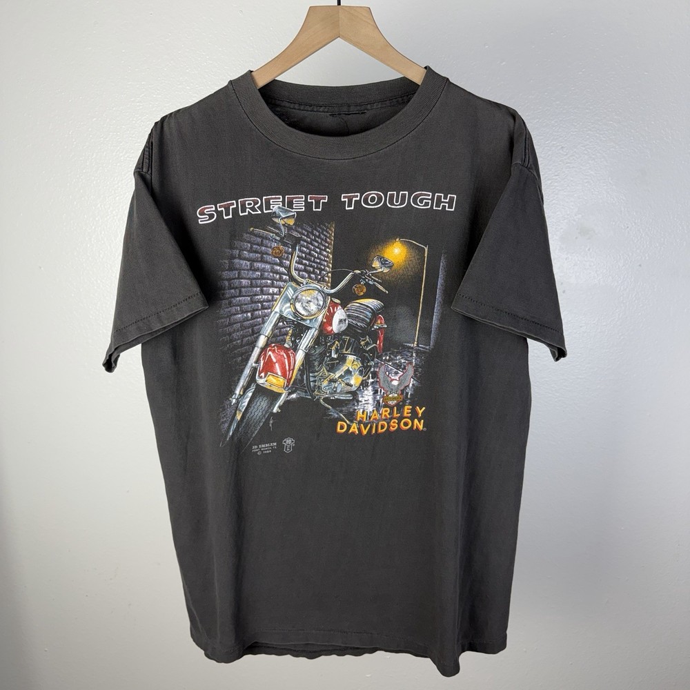 Vintage 80’s 3D Emblem Harley Davidson Street Tough American Biker T Shirt XL