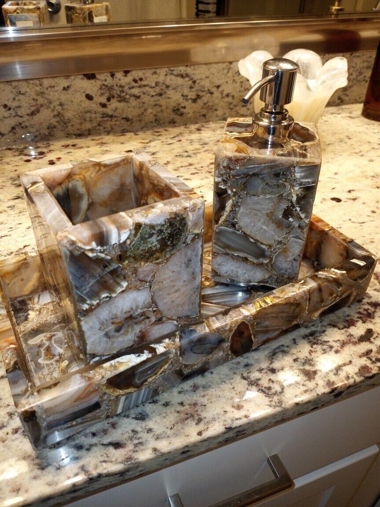 Unique Agate Stone Soap Dispenser and Accessories Set - Handmade Bath Interior