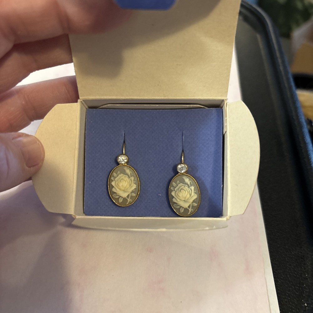 Cameo Rhinestone Blue Rose Carved Dangle Hook Gold Earrings Vintage AVON