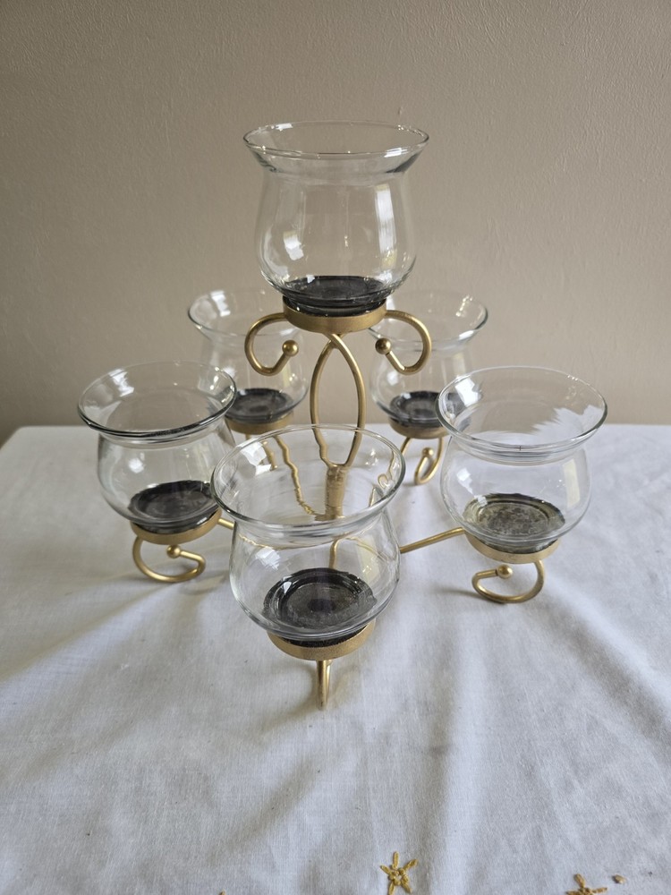 VTG 6 Arm Candelabra Free Standing Gold Clear  W/Attached Globes Candle Sconces