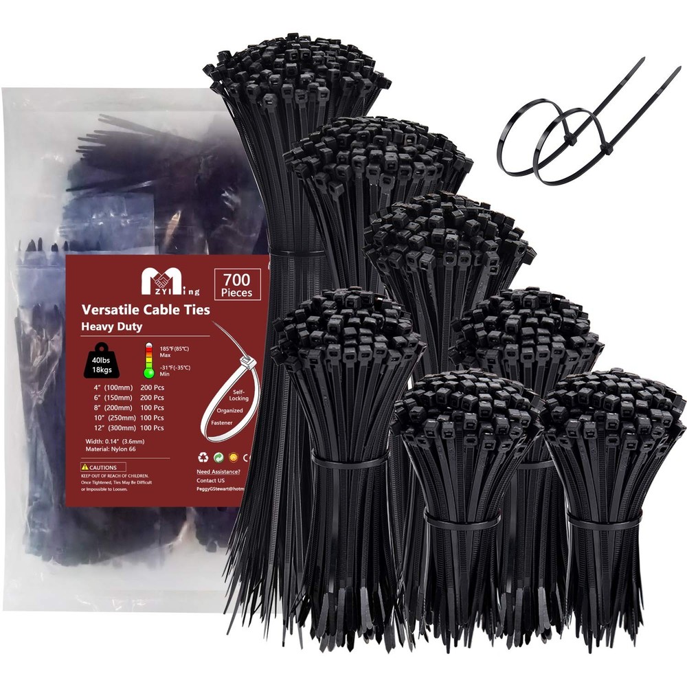 Heavy Duty 40lbs Zip Ties Assorted Sizes 700 Pack 4-12 Inch Cable Ties