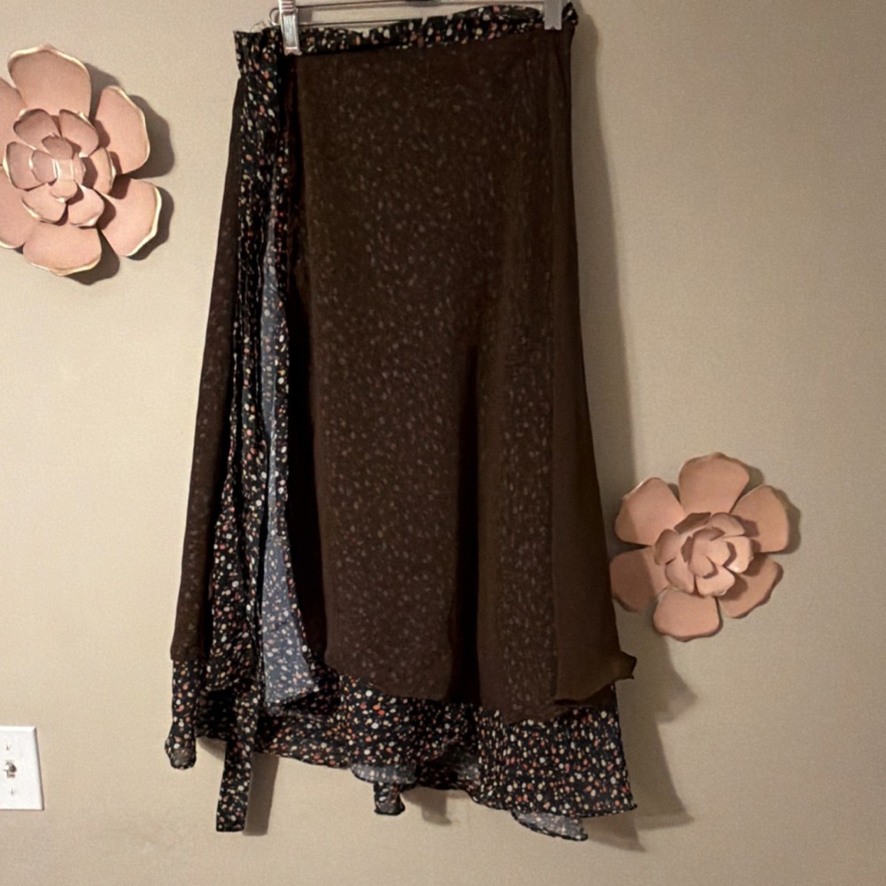 Brown Multicolor Floral Layered Chiffon Long Wrap Skirt Women Tie Closure
