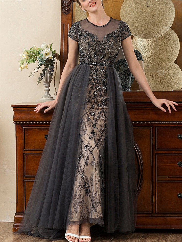 Mother Of The Bride Dress with Detachable Train Lace Appliques Sheath Prom Gown