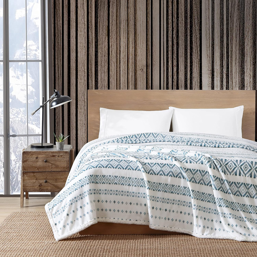 - Twin Blanket, Reversible Fleece & Faux Shearling Bedding, Printed Plush Home D