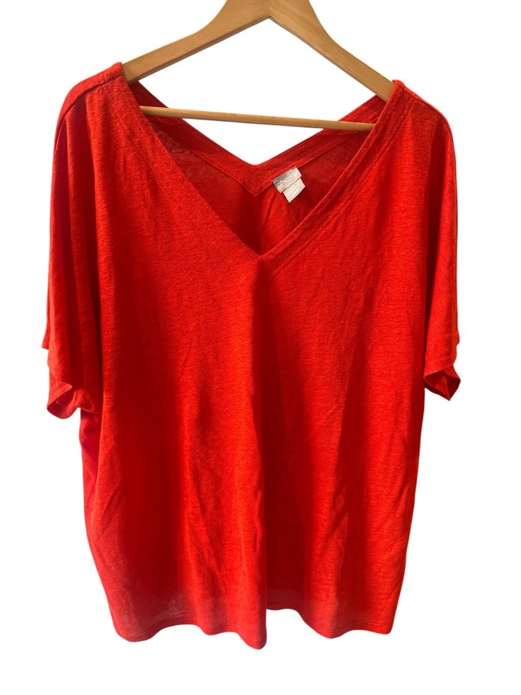Chicos Shirt Womens 4 US 2X-Large Red Linen V Front & Back Tee Casual Breathable