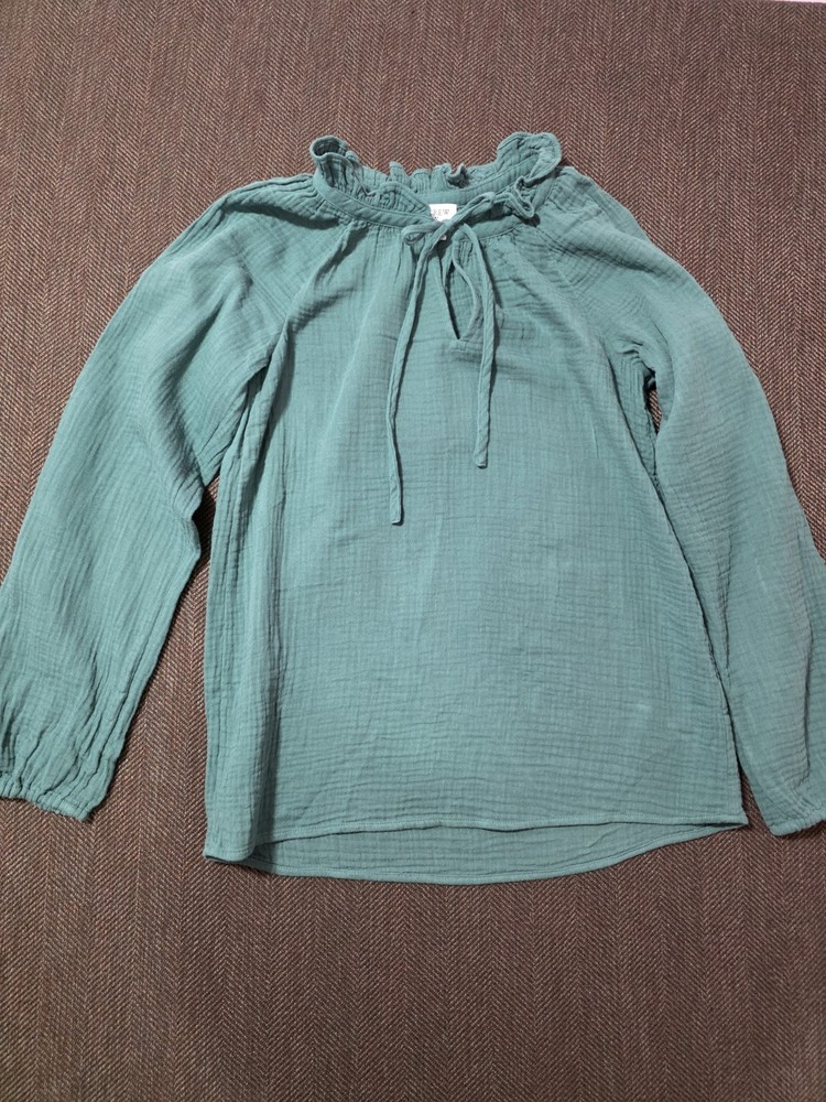 J.CREW Women's Green Solid Woven Ruffle Neck Tie-Front Long Sleeve Blouse XXS