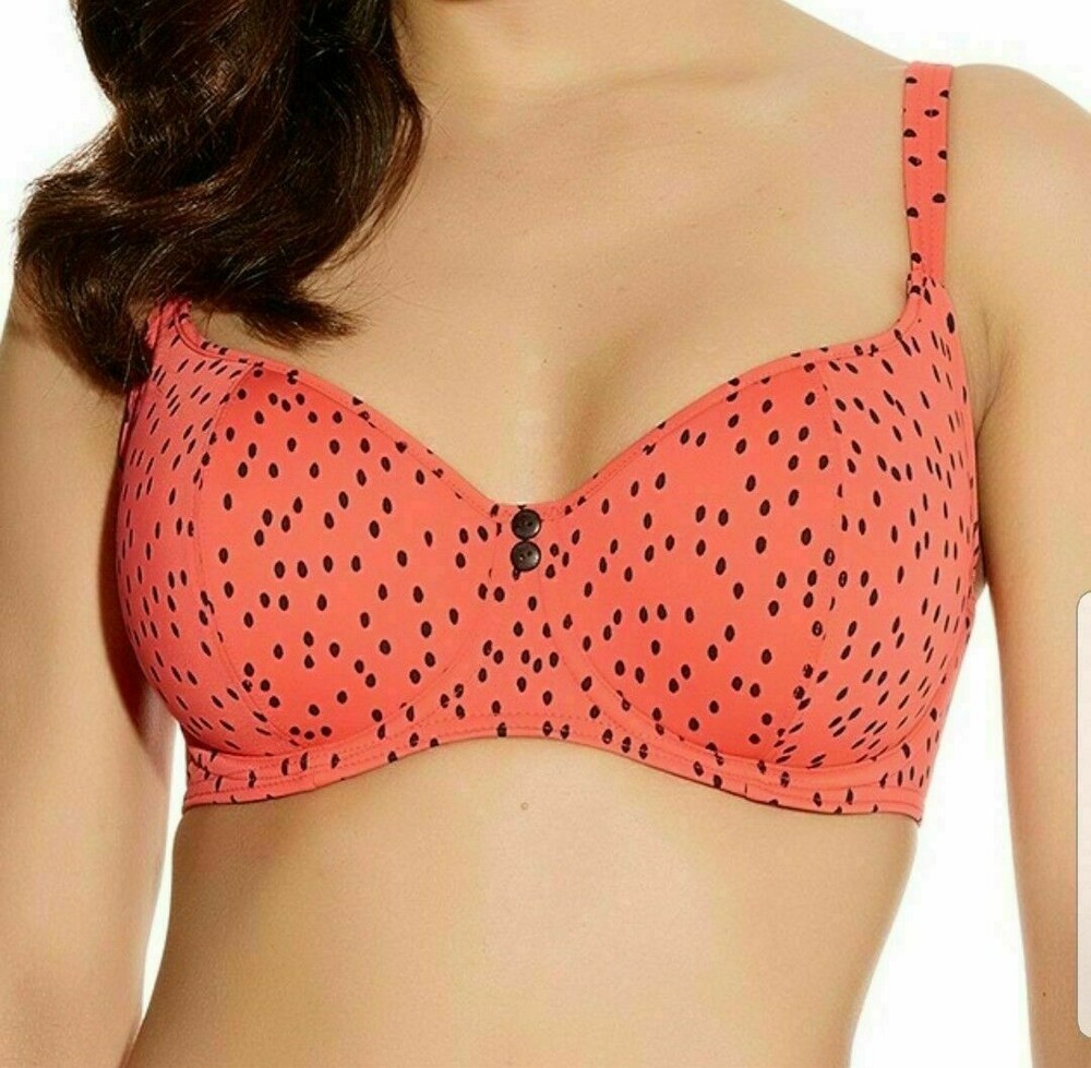 Freya Pip Bikini Top Coral Red Black Spot Size 38DD Padded Balcony Bra 3749 New
