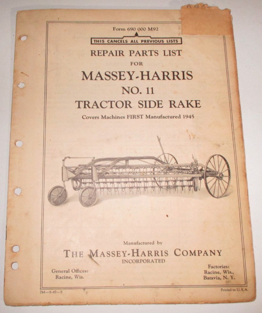 Massey Harris MH 11 Tractor Side Rake Parts Catalog Manual Book 1947 ORIGINAL!