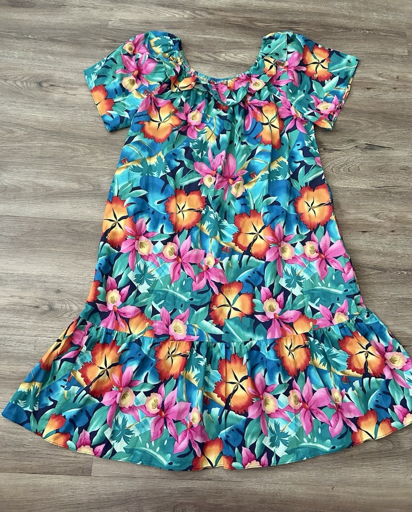Hilo Hattie Women's Sun Dress Hawaiian Original, Size 1X, Blue Floral EUC Cotton