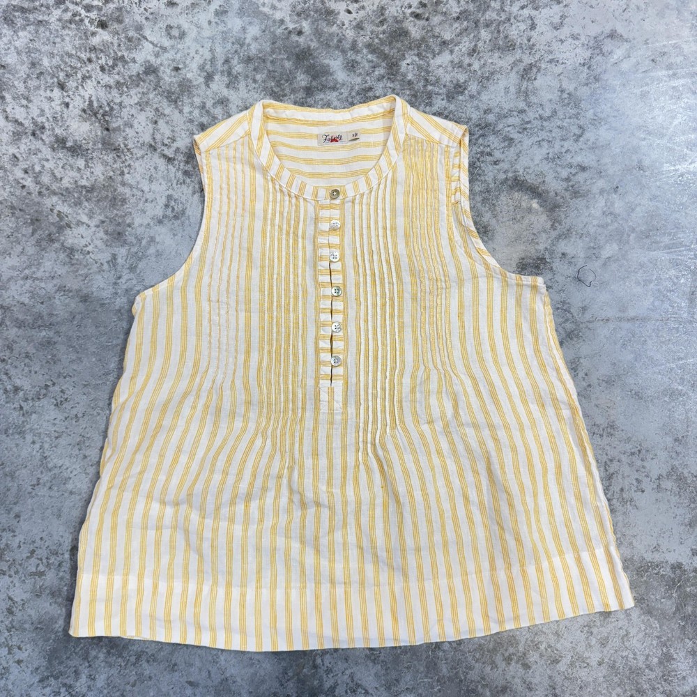 Faherty Tank Top Womens Small Yellow White Stripe Linen Sleeveless Henley Top