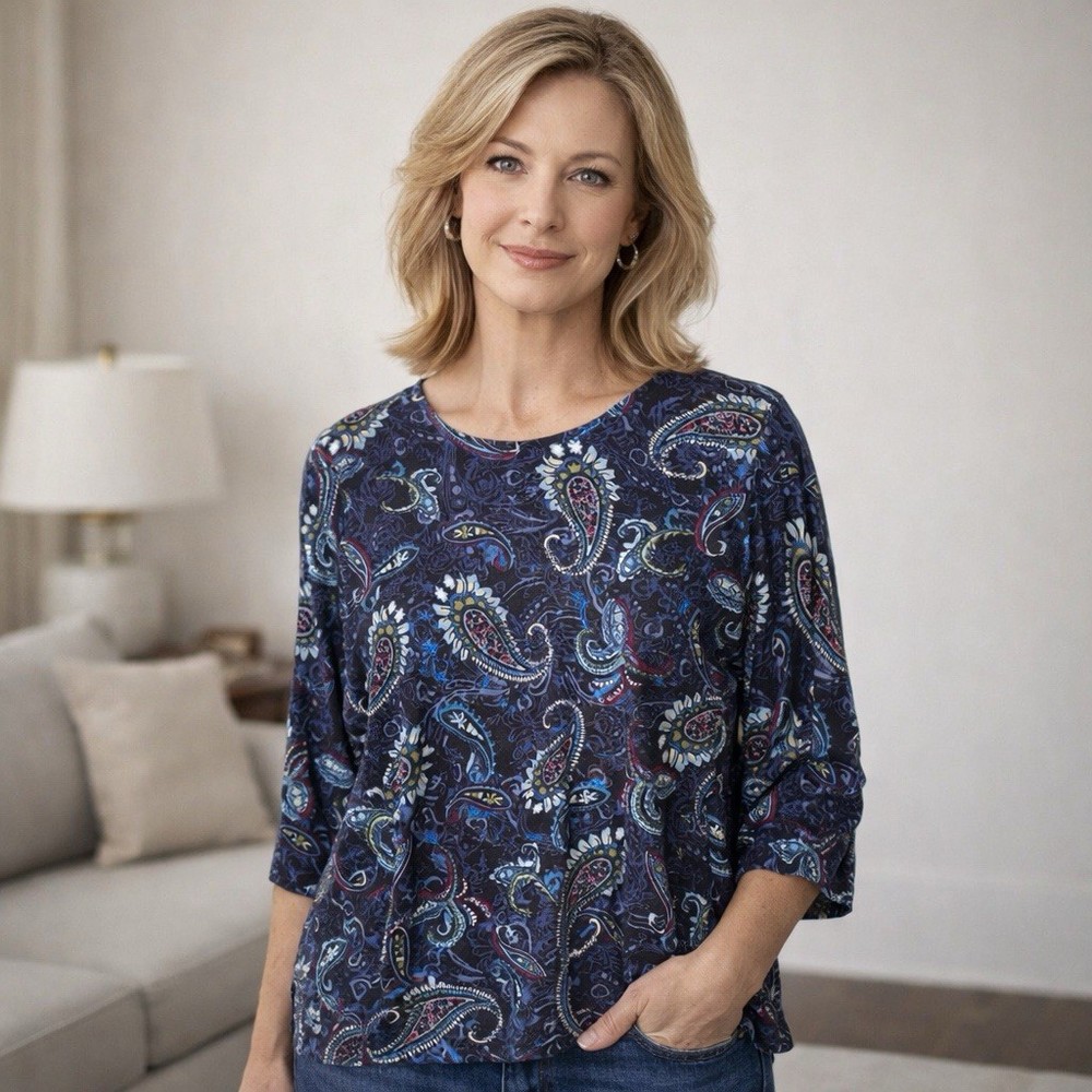 J Jill Wearever Top Tee Size L Blue Floral Paisley 3/4 Sleeve Boat Neck Stretch