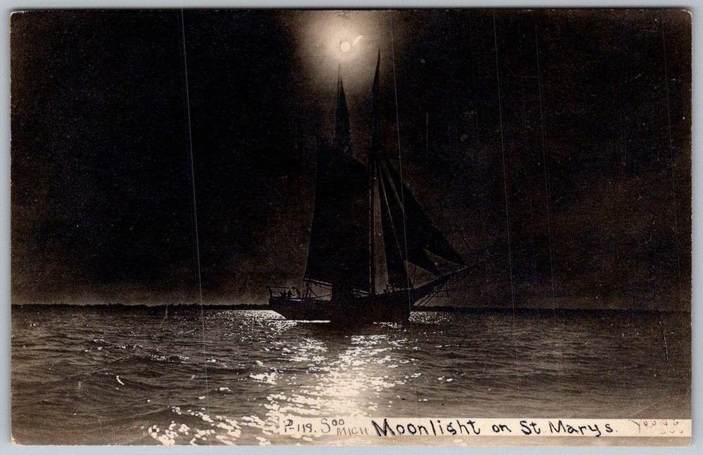 Antique Postcard Moonlight Schooner Sailboat 1910s