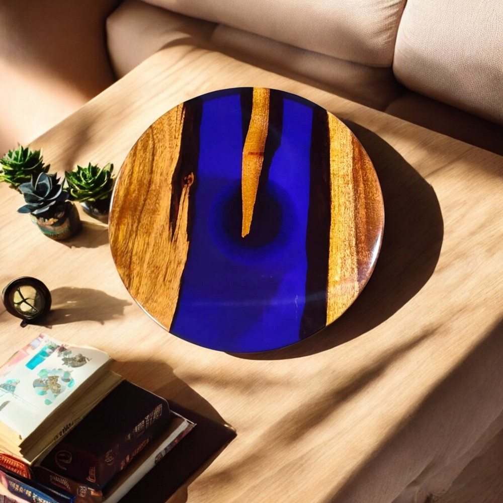 Round Blue Epoxy Resin Coffee End Table Acacia Wood Hallway Interior Furniture