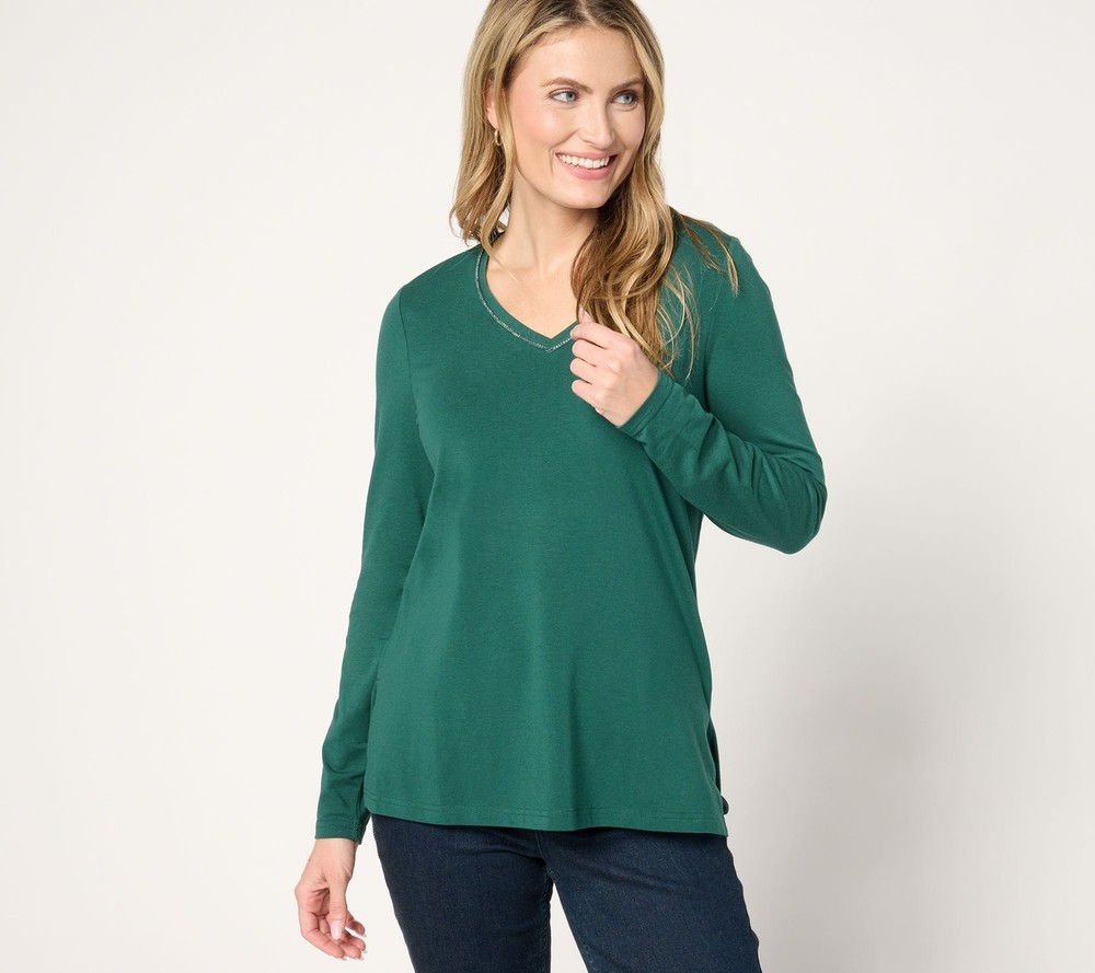 Belle by Kim Gravel Women's Top Sz XL TripleLuxe Knit Sparkle V Green A670895
