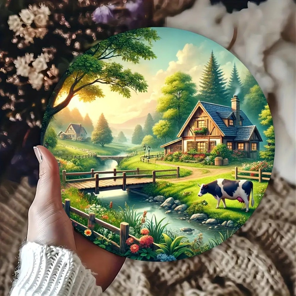 Serene Countryside Aluminum Round Wall Art River Cottage Cow Scene