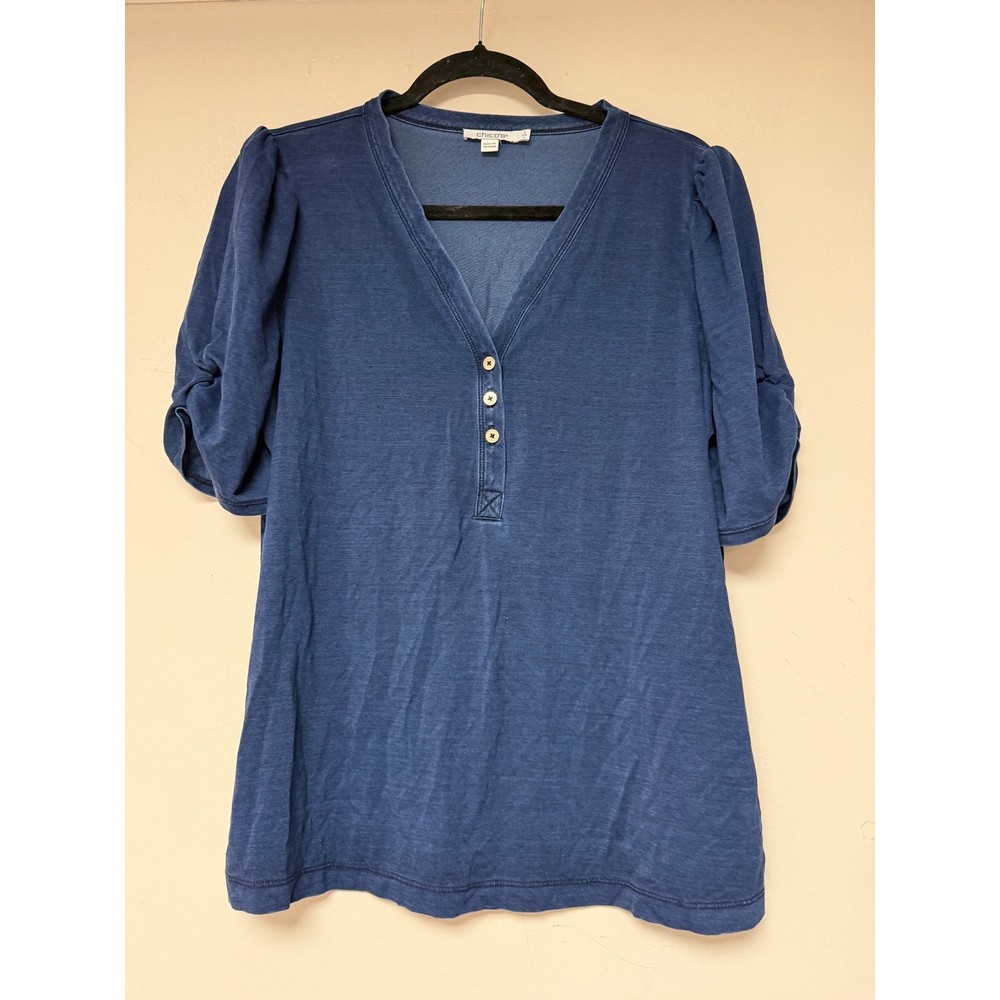 Chico's Women's Blue V-Neck Button Detail Puff Sleeve Knit Top