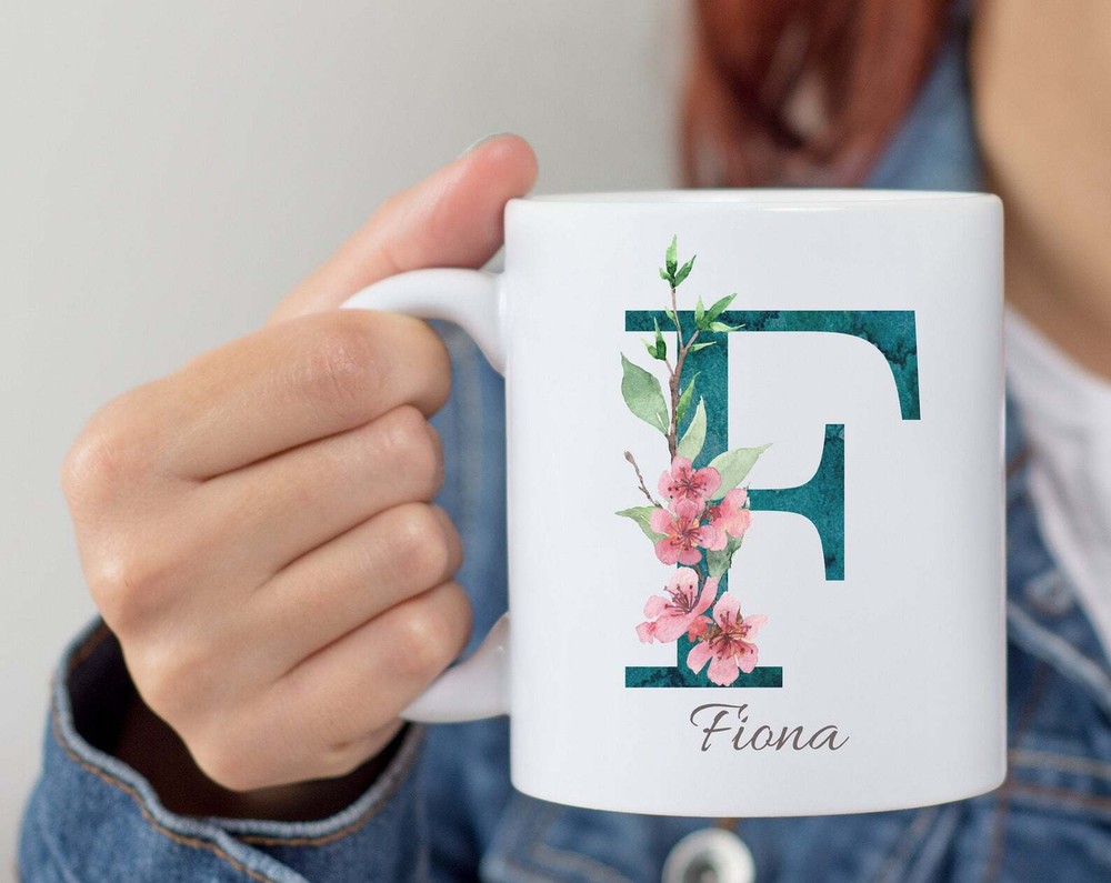 Personalized Monogram Initial Name Mug Floral Alphabet Cup Birthday Gift