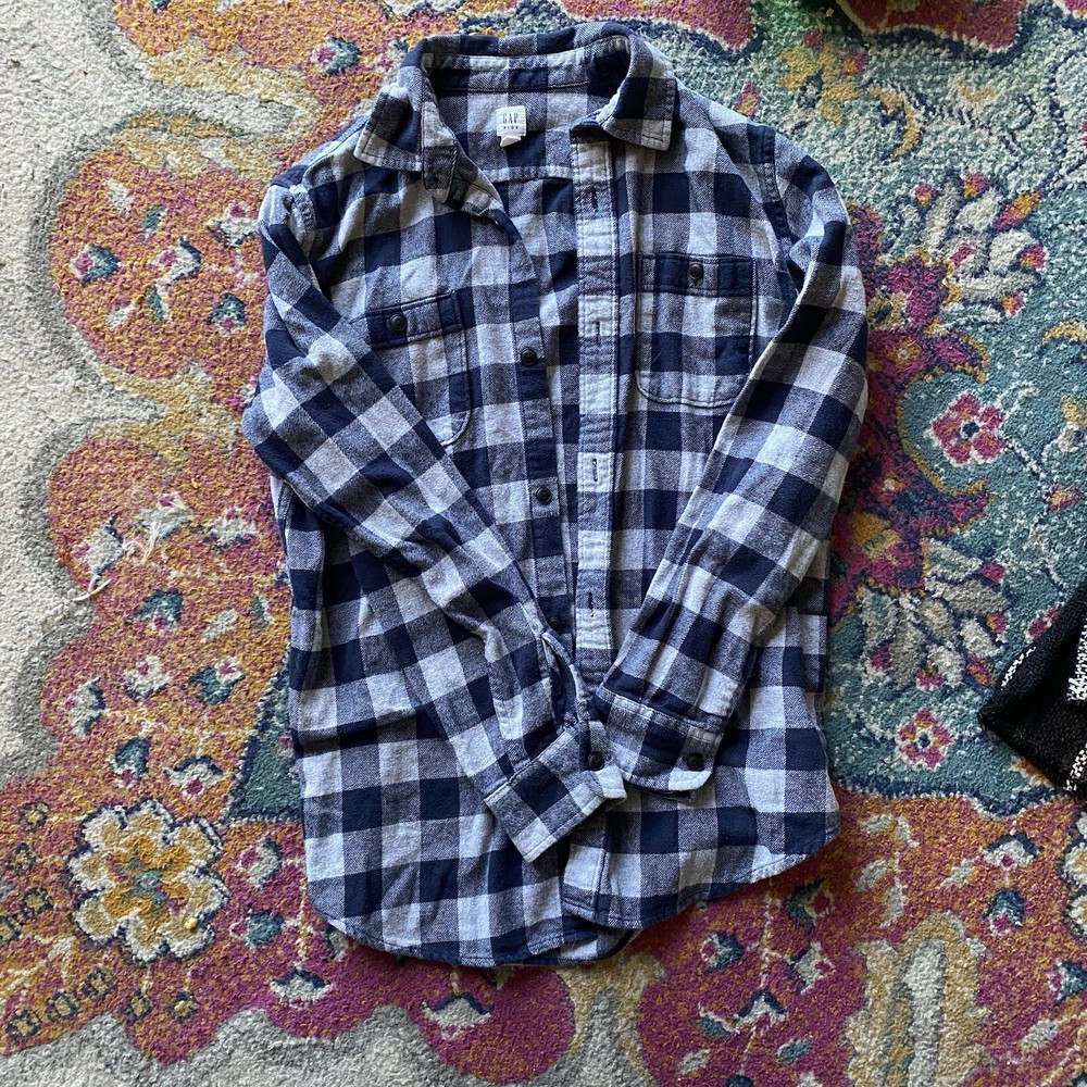 Gap Boys Blue White Flannel Button Front Fall Winter Christmas XXL
