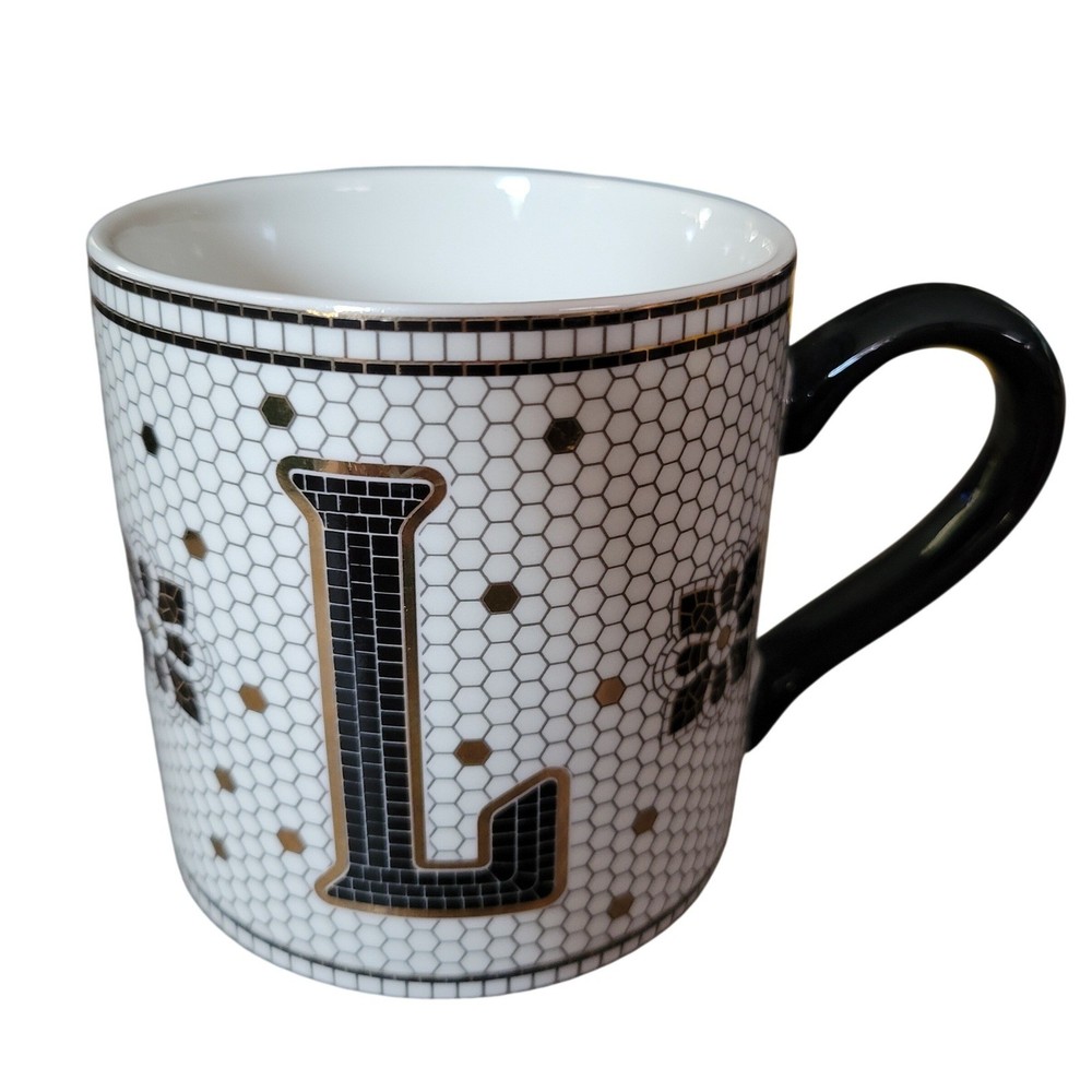 Anthropologie Bistro Tile Monogram Mug Letter L Black White Gold Coffee Cup