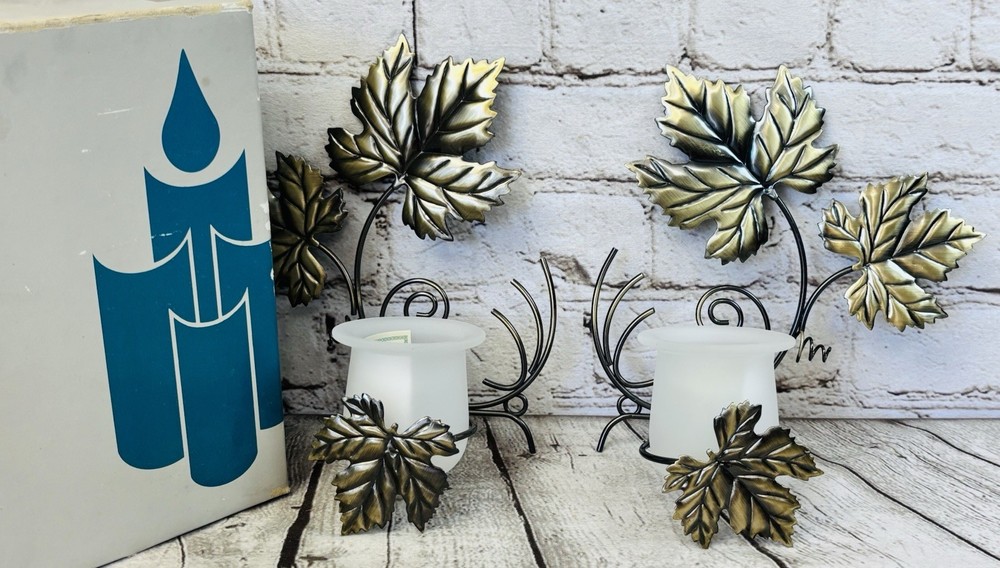 Partylite Antique Grape Leaf Wall Sconce Pair P7751 With Frosted Votive Holders