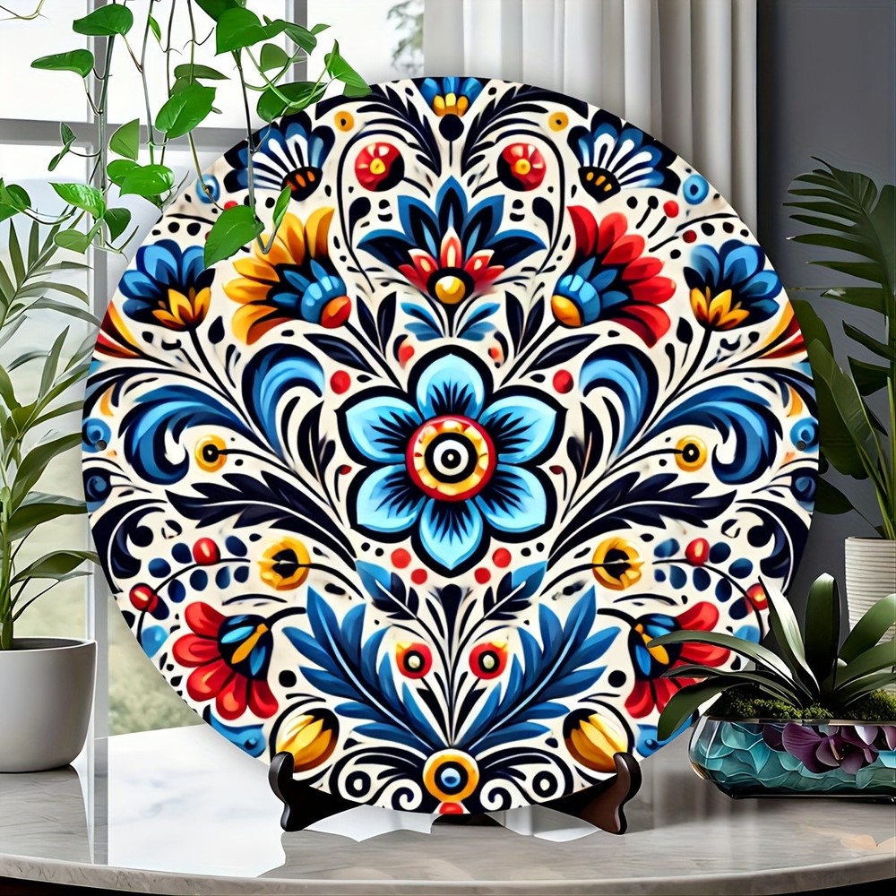 Scandinavian Folk Floral Round Metal Wall Decor 8-Inch Home Cafe Sign